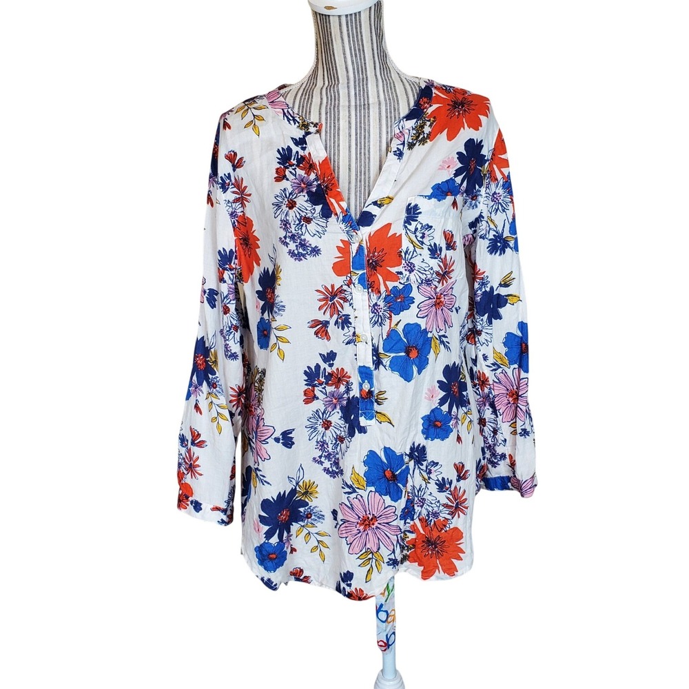 Old Navy Womens Large Floral Cotton Tunic Shirt‎ White Blue Orange Long Sleeve